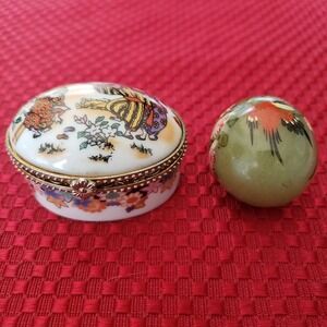 Vintage Asian Porcelain Trinket Box and Hand Painted Stone Egg Set White Green